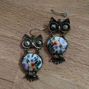 Floral Owl Earrings in Gold and Multicolor